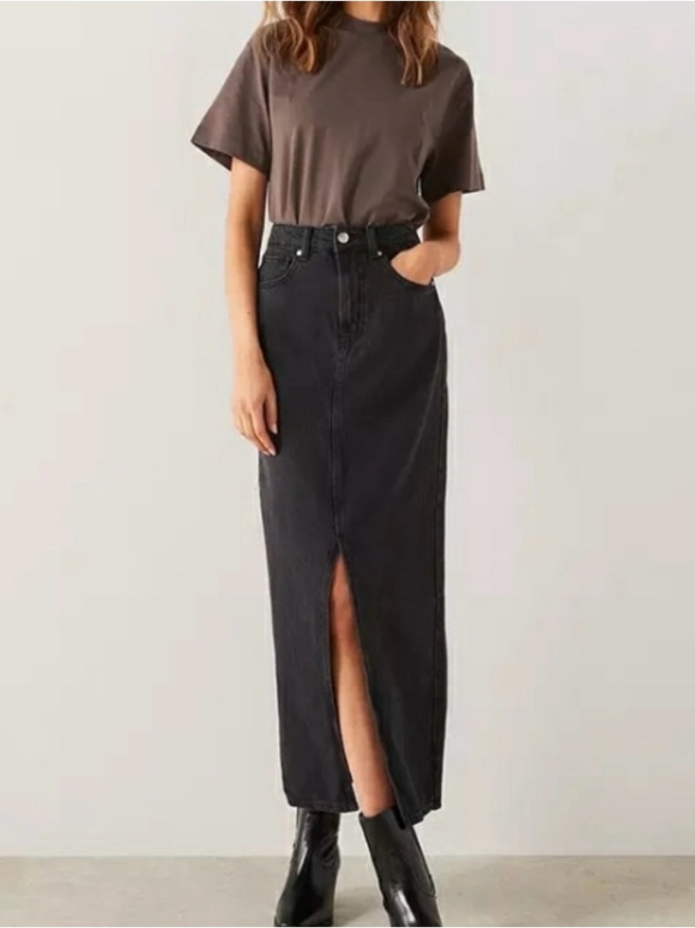 Mango High-Rise black denim Skirt with Front Slit